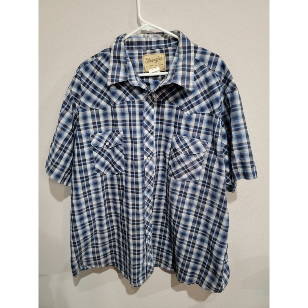 Wrangler Men's 3XL pearl snap Short‎ Sleeve Blue Plaid Western shirt